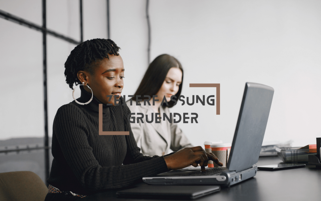 Illustration von Geschäftsleuten, die an einem Tisch arbeiten und moderne Technologie zur Zeiterfassung in Kleinbetrieben verwenden